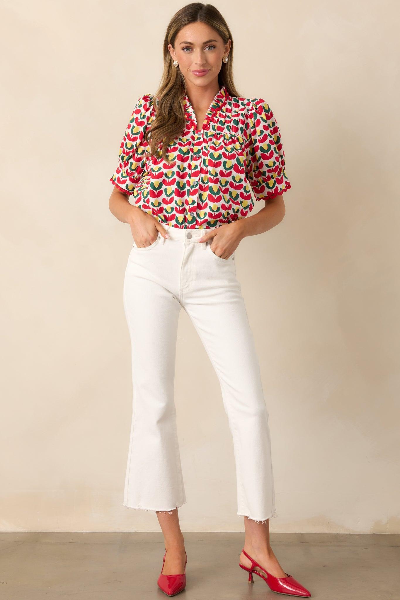 Lemonade Stand Cotton Red Floral Button Front Blouse Product Image