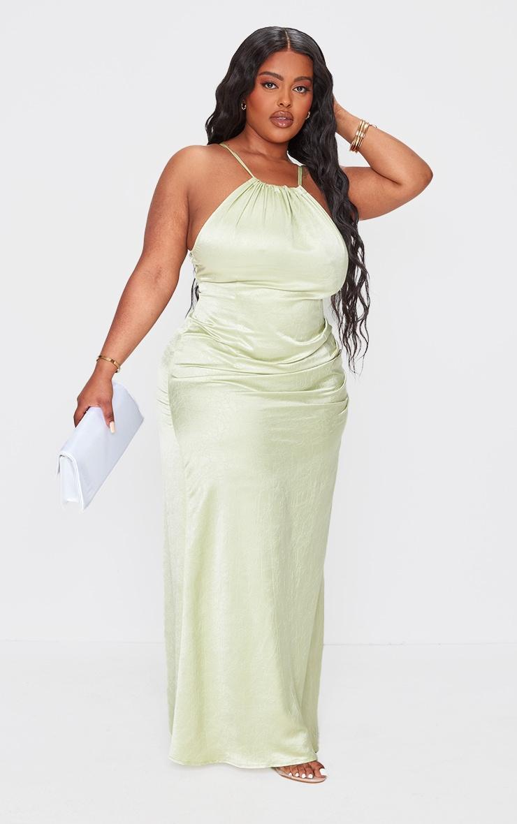 Plus Sage Satin Strappy Ruched Side Midi Dress Product Image