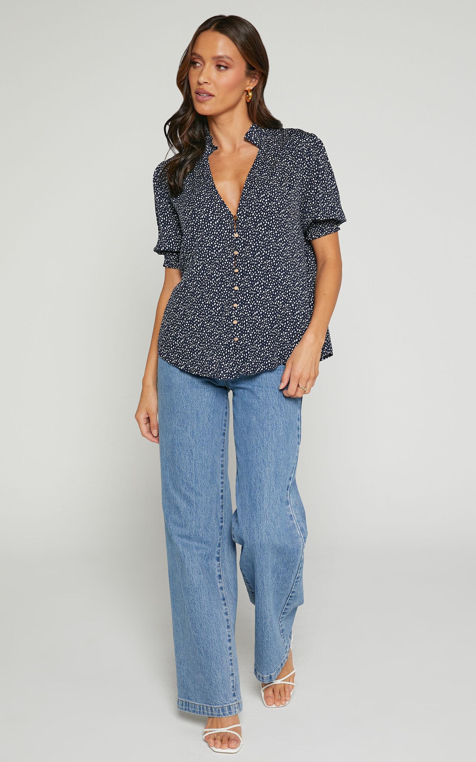 Rocsi Top - Short Sleeve Button through Blouse in Black and white spot Product Image