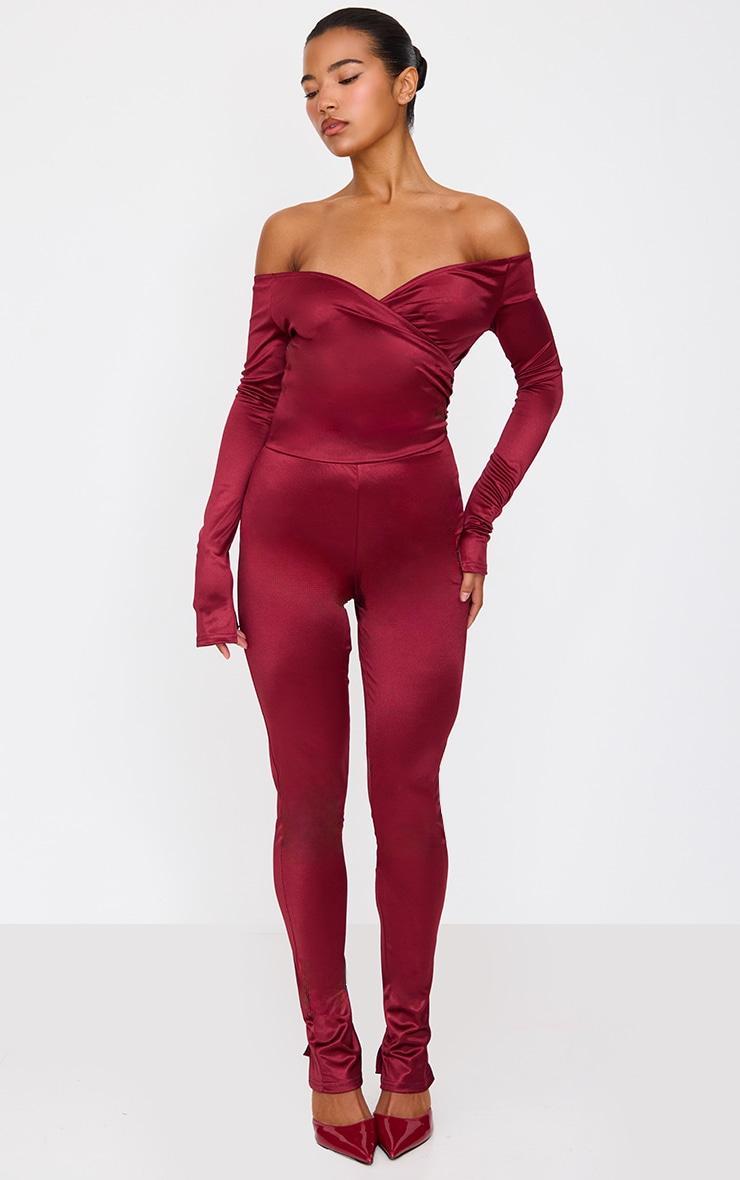 Burgundy Stretch Satin Cross Front Bardot Split Hem Jumpsuit Product Image