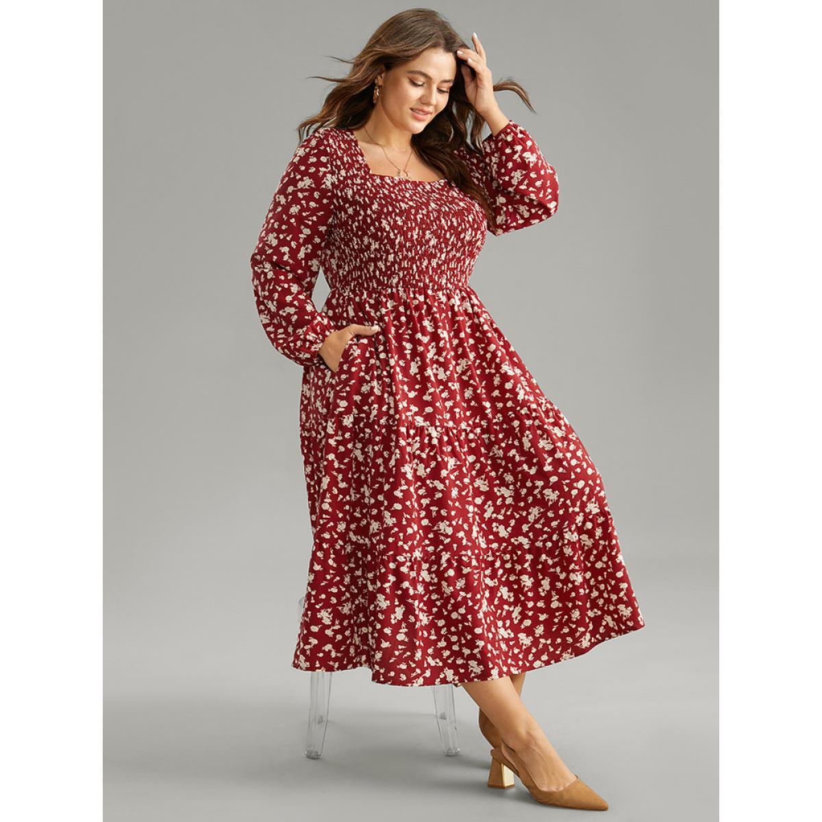 Plus Size Ditsy Floral Square Neck Shirred Gathered Dress Scarlet Women Casual Elastic cuffs Square Neck Long Sleeve Curvy Midi Dress BloomChic 26/4X Product Image