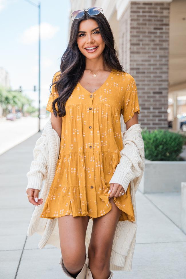 Modern Muse Mustard Floral Print Button Up Dress FINAL SALE Product Image