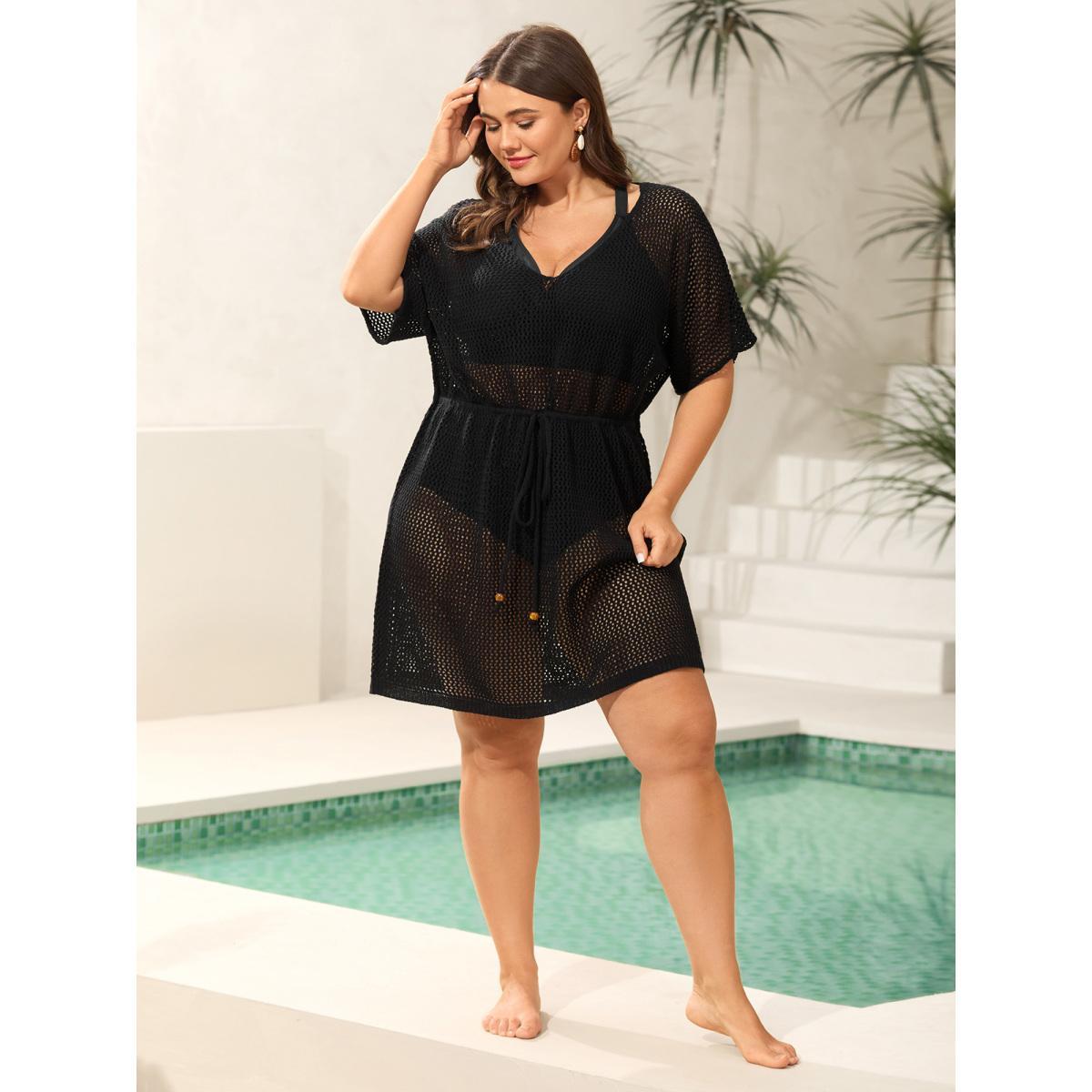 Plus Size Cut-Out Cinched-Waist Tie Swim Cover-Up Women's Swimwear Black Beach Bodycon Cut-Out Curve Swim Cover Ups BloomChic 28/5X Product Image