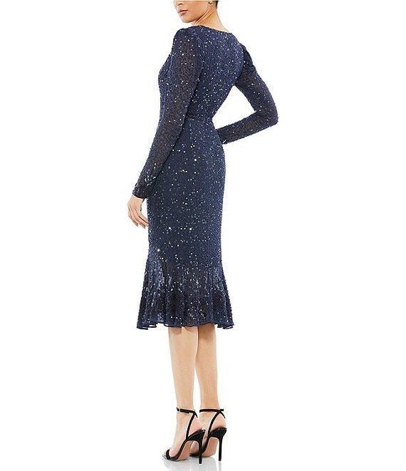 Mac Duggal Sequin Embellished Flounce Hem Surplice V-Neck Long Sleeve Midi Dress Product Image