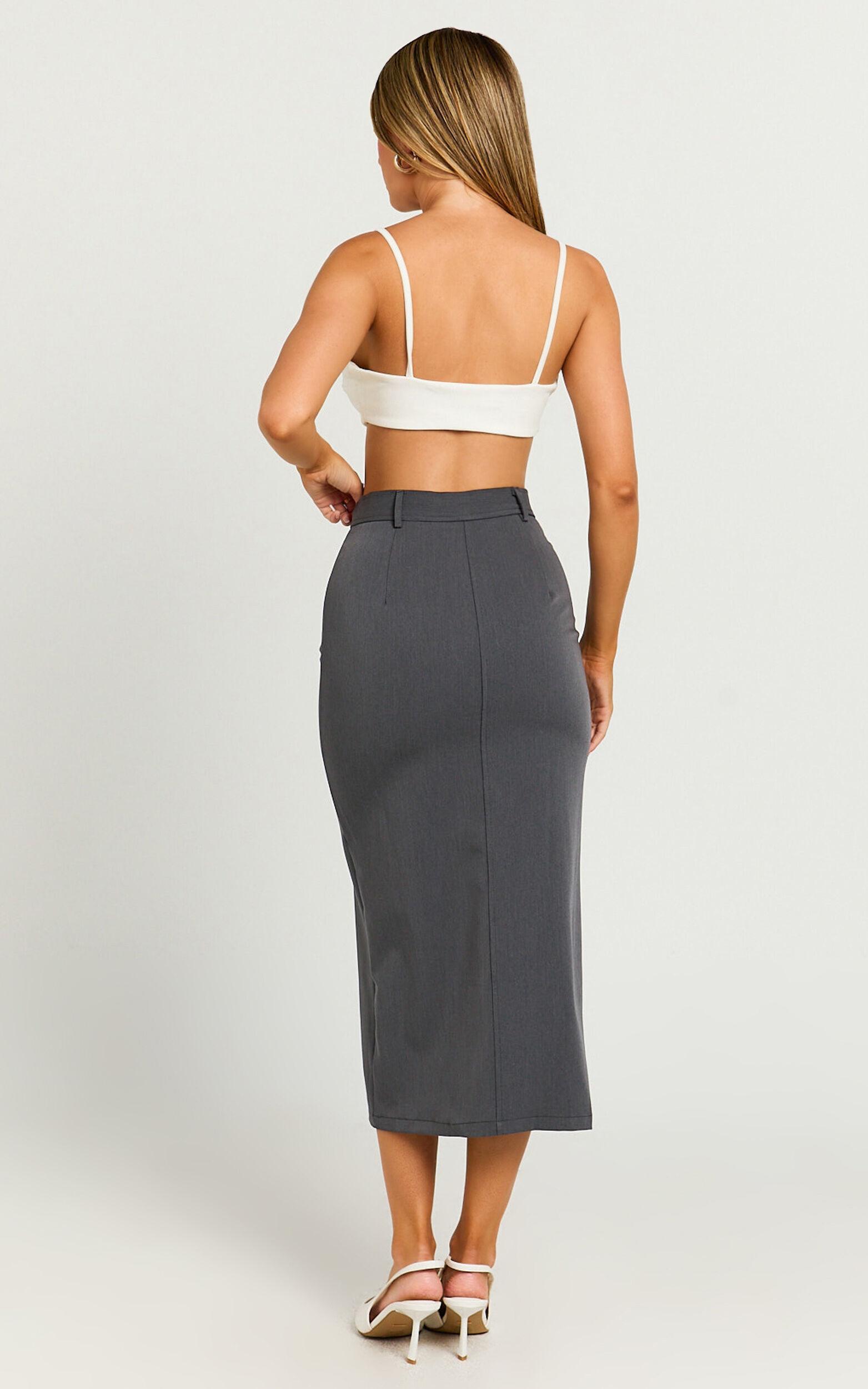 Brylee Midi Skirt - High Waisted Front Split Skirt in Charcoal Product Image