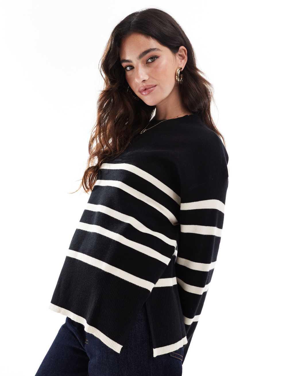 Vero Moda o neck sweater in black with cream stripe Product Image