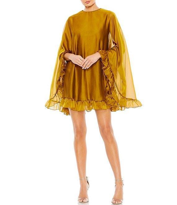 Mac Duggal Crew Neck Ruffle Hem Long Cape Sleeve Waistless Mini Dress Product Image