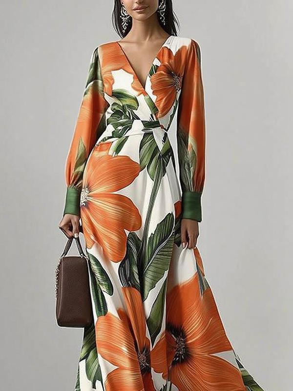 Long Sleeves Loose Flower Print Pleated V-Neck Maxi Dresses Product Image
