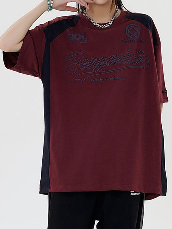 Retro Contrast Letters Oversized Short Sleeve Tee Product Image