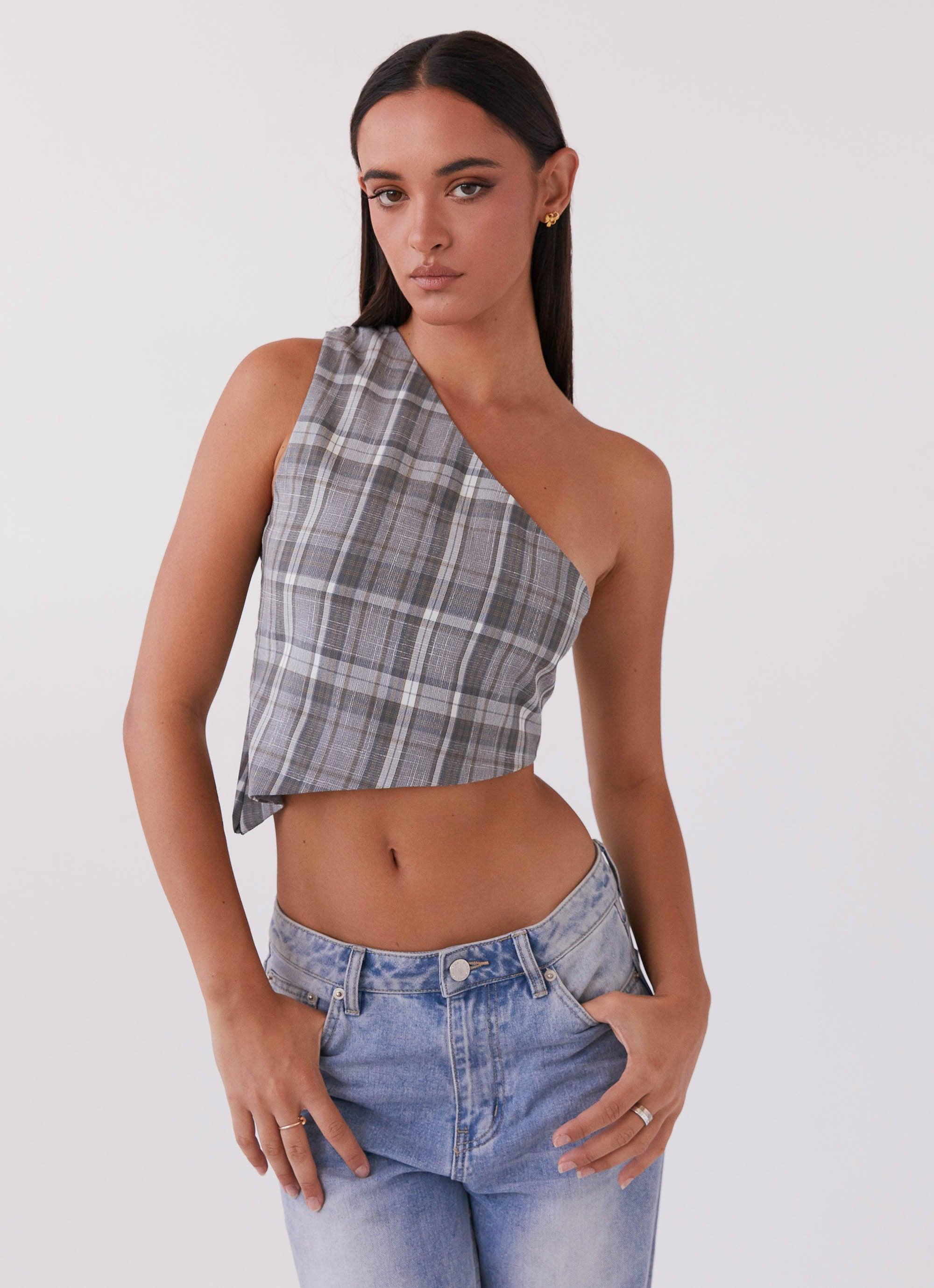 Got Me Started One Shoulder Top - Grey Plaid Product Image