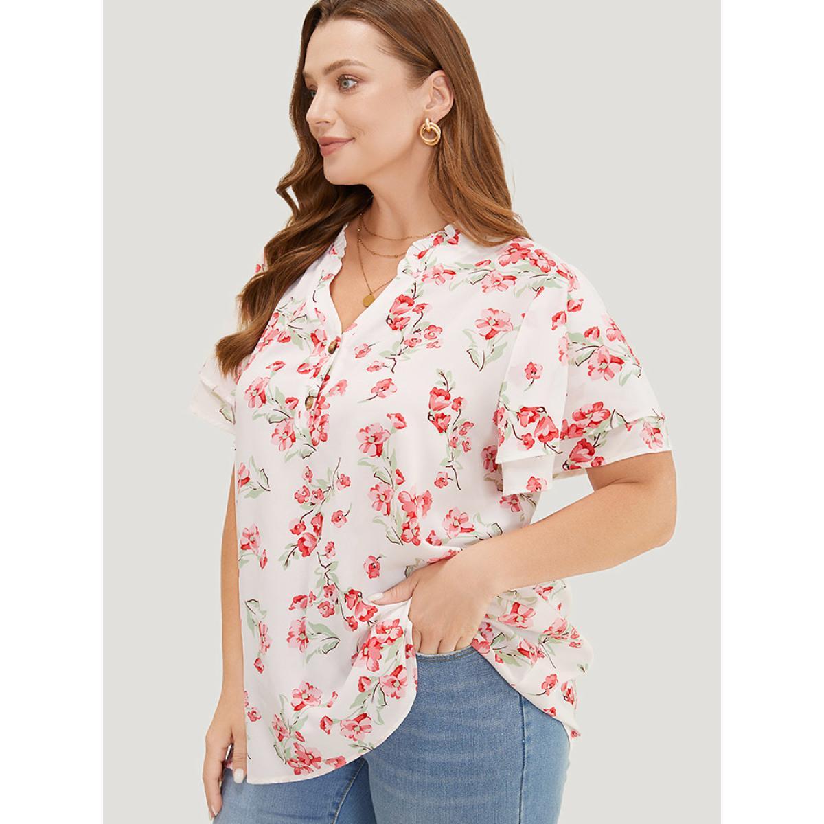 Plus Size White Floral Printed Button Up Flutter Layered Sleeve Blouse Women Elegant Short sleeve Notched collar Dailywear Blouses BloomChic 14-16/1X Product Image