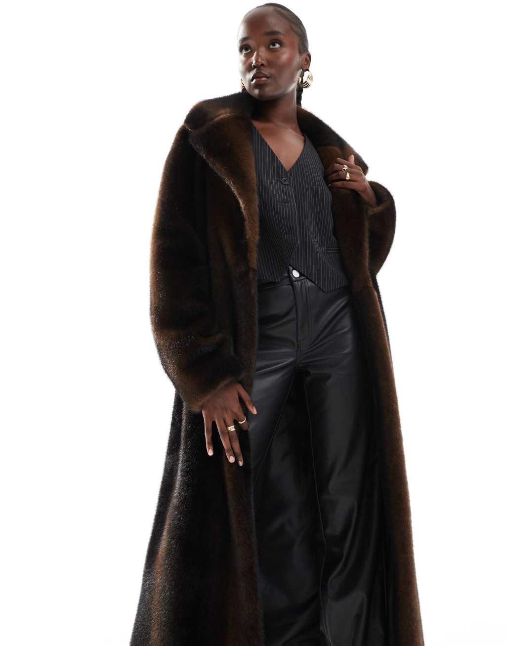 ASOS DESIGN Tall longline vintage look faux fur coat in brown Product Image