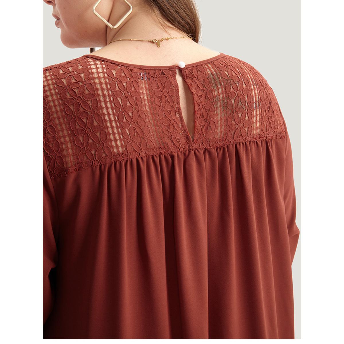 Plus Size Guipure Lace Frill Trim Cut Out Ruffle Hem Dress Russet Women Casual Gathered Round Neck Elbow-length sleeve Curvy Midi Dress BloomChic 28/5X Product Image