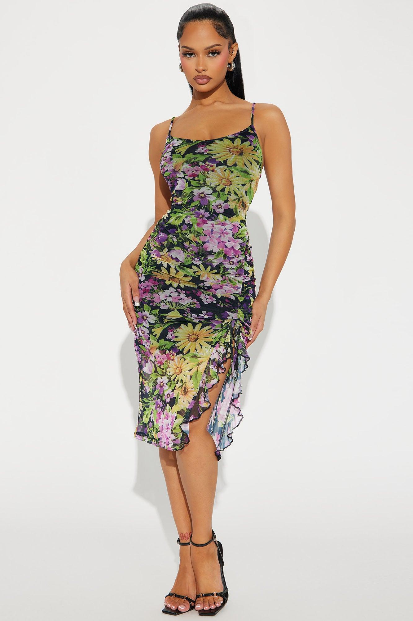 Kayla Floral Mesh Midi Dress - Black/combo Product Image