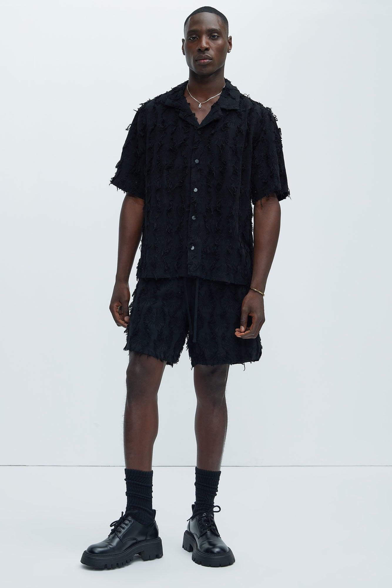 Frayed Jacquard Linen Shirt - Black Product Image