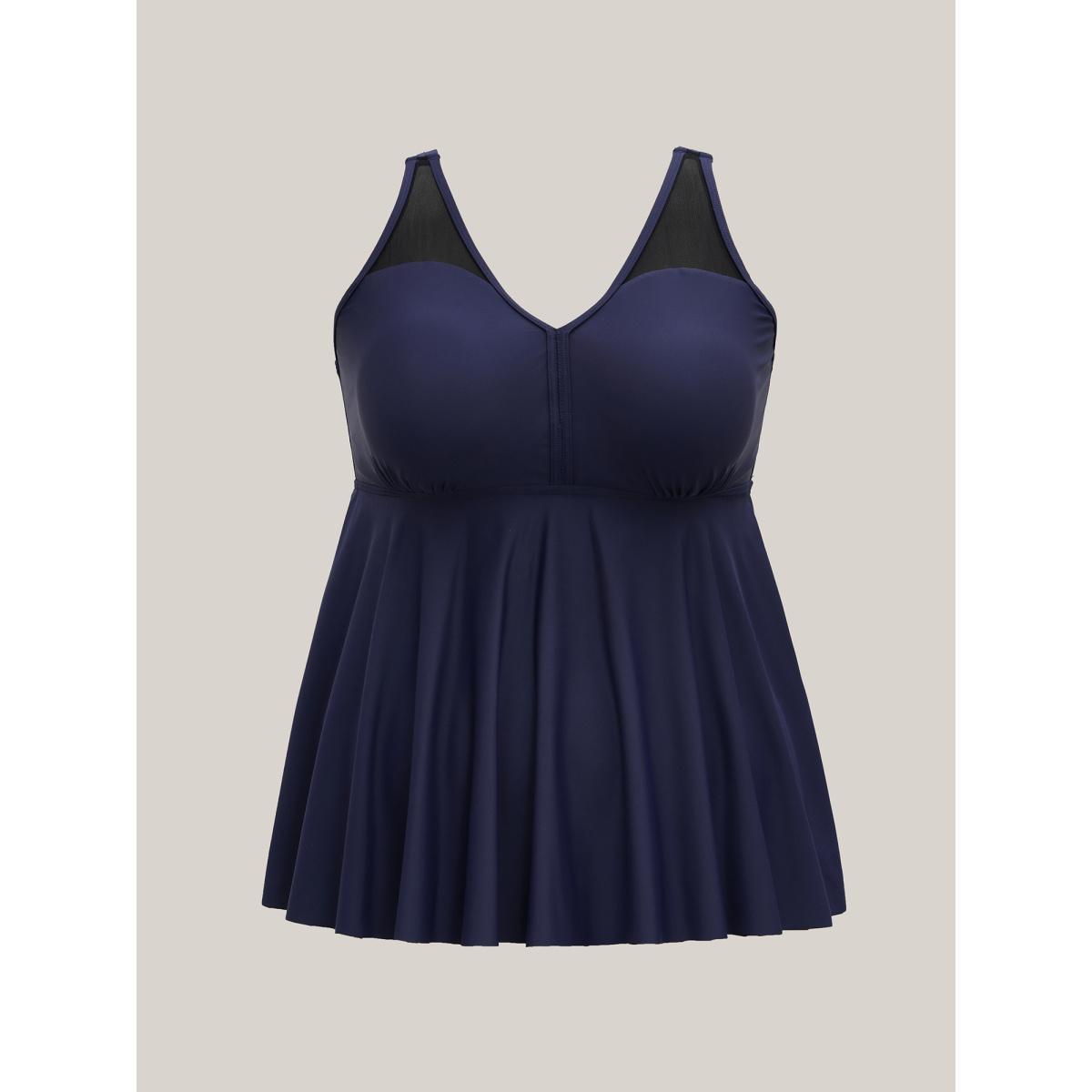 Plus Size Adjustable Straps Spliced Swim Top Women's Swimwear Indigo Beach Patchwork High stretch Bodycon Heart neckline Curve Swim Tops BloomChic 22-24/3X Product Image