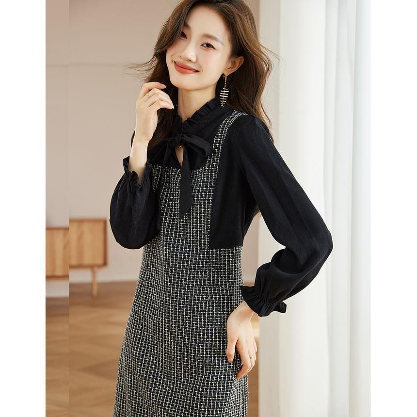 Mock Two-Piece Long-Sleeve Tie-Neck Plaid Panel Sheath Dress Product Image