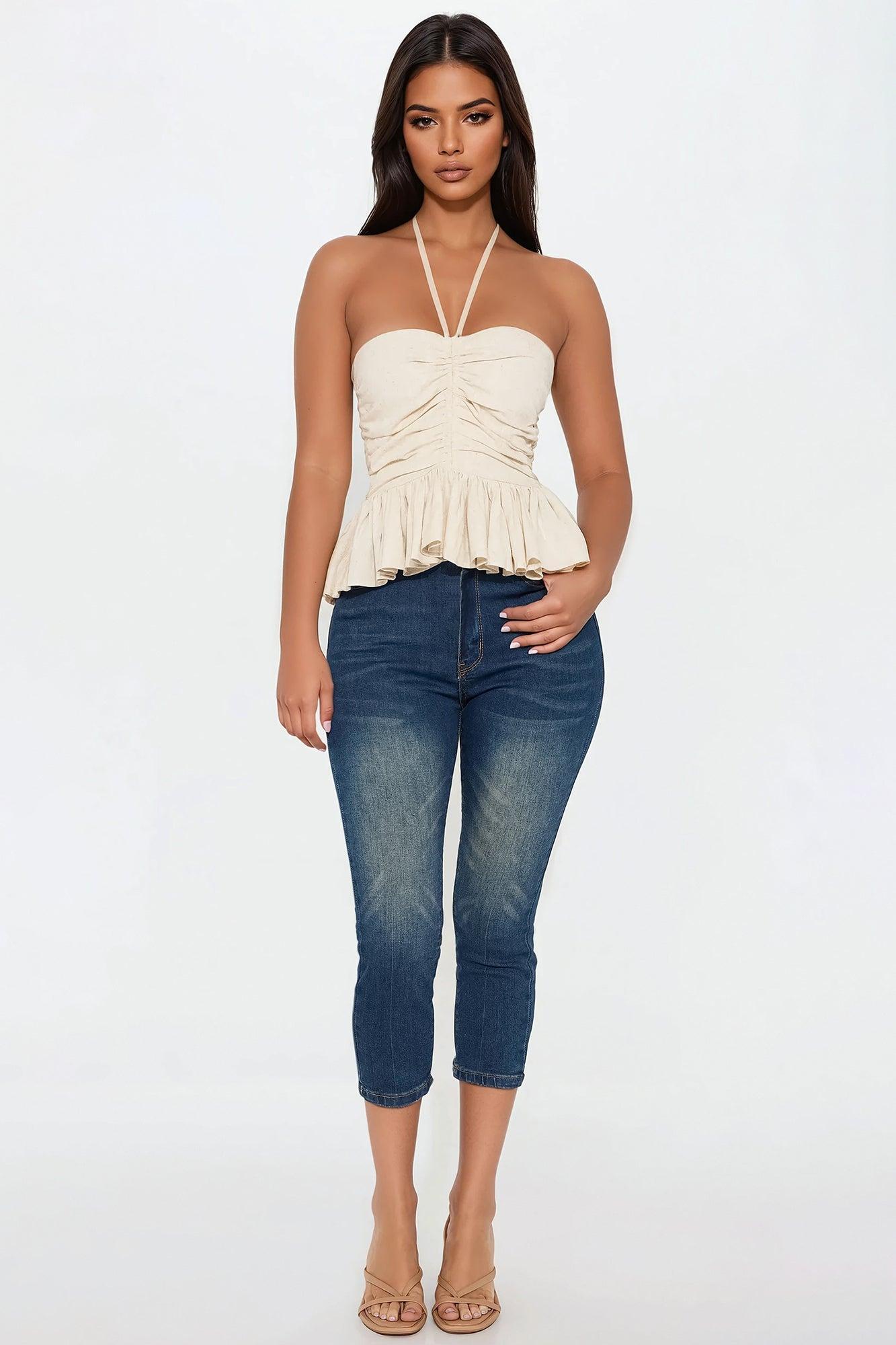 Josie Linen Halter Top - Oatmeal Product Image