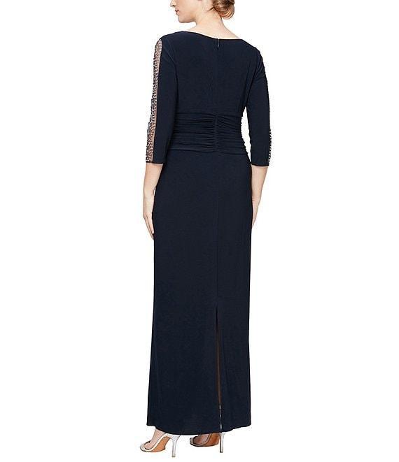 Ignite Evenings Petite Size Boat Neck 3/4 Embellished Sleeve Ruched Waist Sheath Dress Product Image