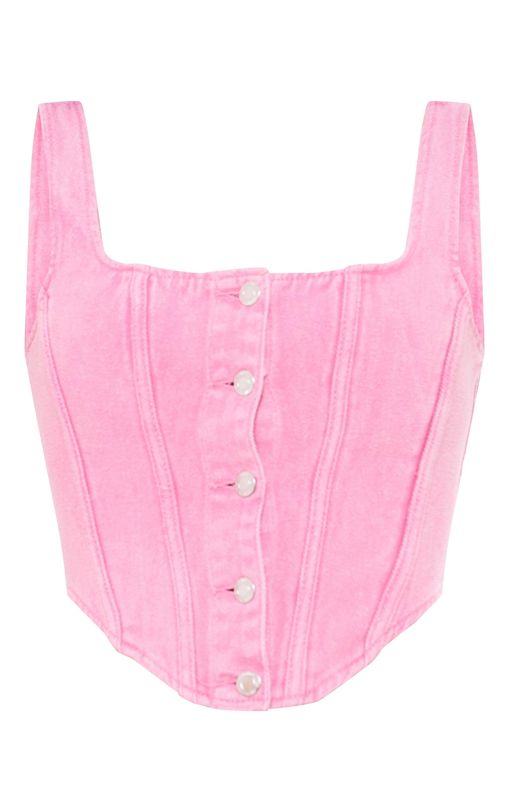 Pink Button Detail Boned Denim Corset Top Product Image