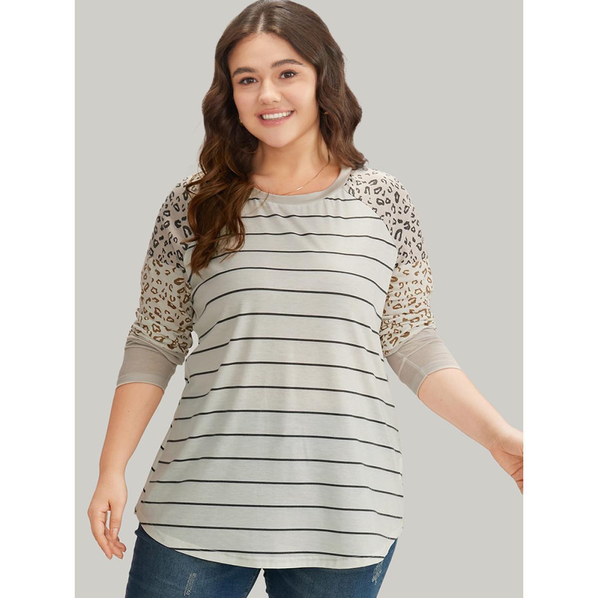Plus Size Leopard Striped Patchwork Raglan Sleeve T-shirt Multicolor Women Casual Patchwork Leopard Round Neck Dailywear T-shirts BloomChic 26/4X Product Image