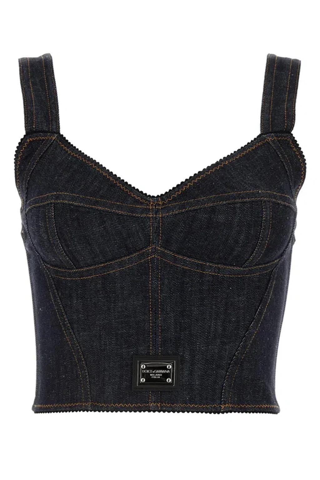 DOLCE & GABBANA Denim Bustier With Logo Plaque In Black Product Image