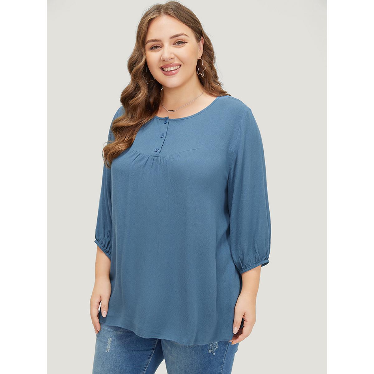 Plus Size Stone Plain Button Up Gathered Lantern Sleeve Blouse Women Elegant Elbow-length sleeve Round Neck Dailywear Blouses BloomChic 14-16/1X Product Image