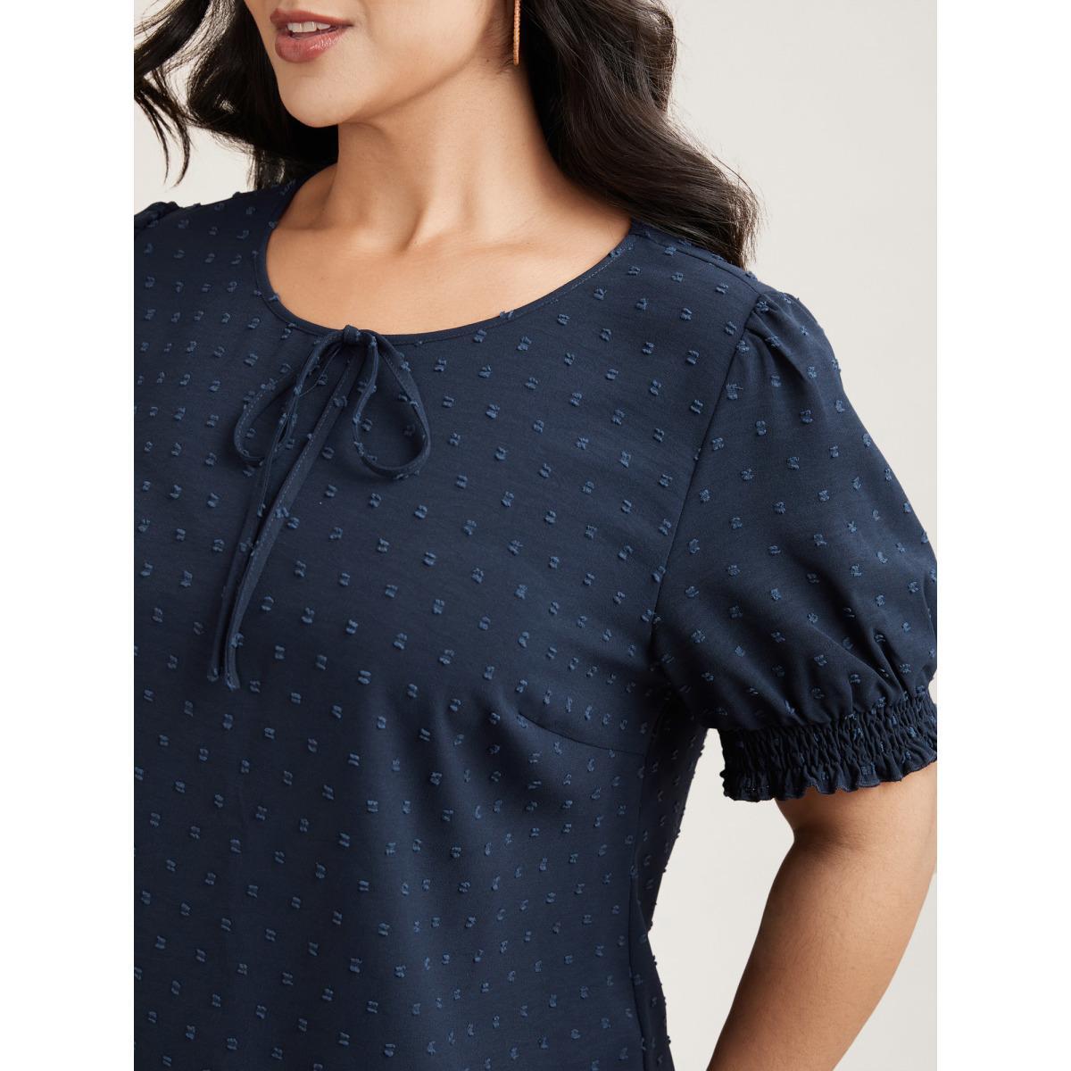 Plus Size Indigo Shirred Puff Sleeve Neck-Tie Shirt Women Office Short sleeve Round Neck Vacation Blouses BloomChic 14-16/1X Product Image