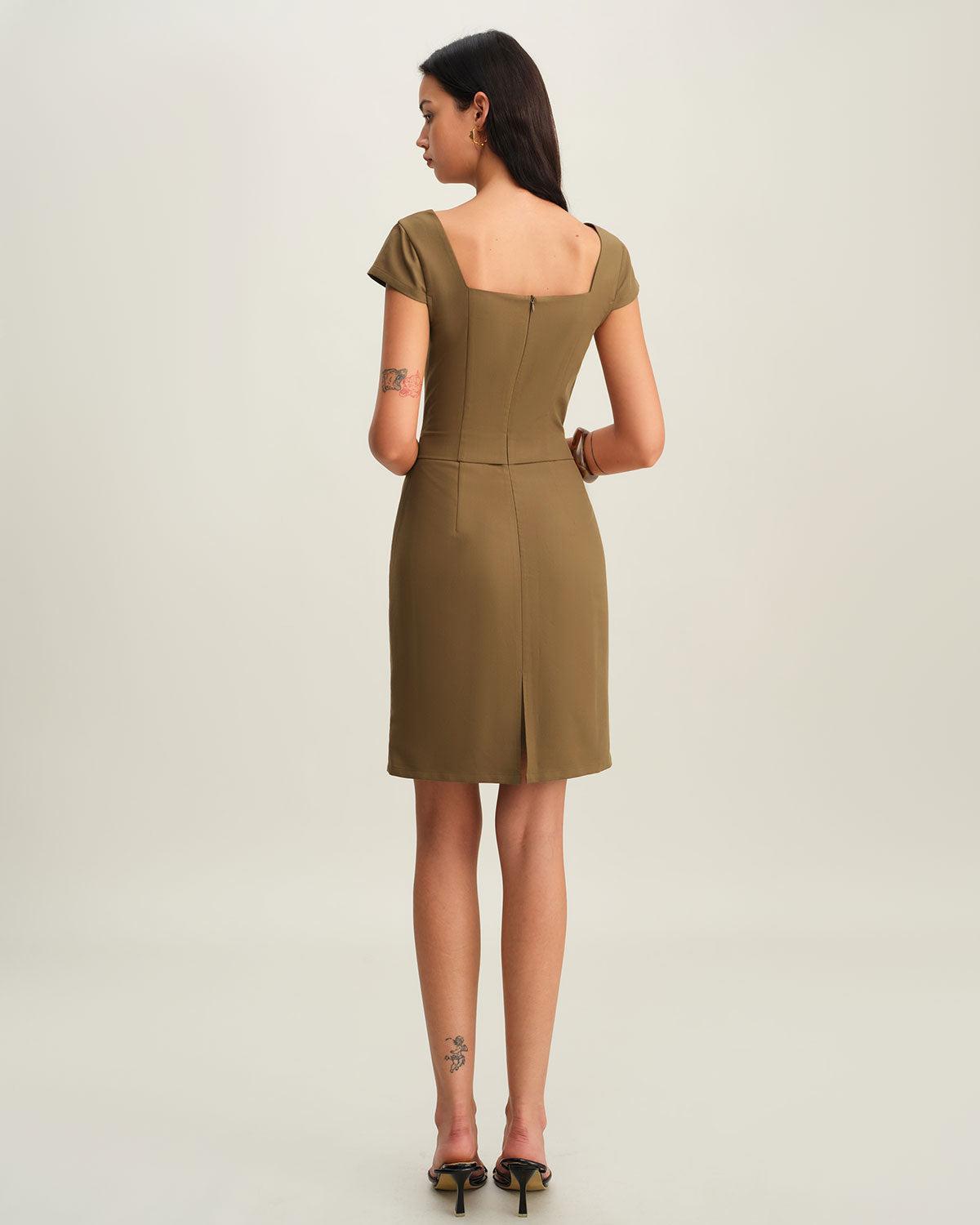 Brown Square Neck Cap Sleeve Mini Dress Product Image