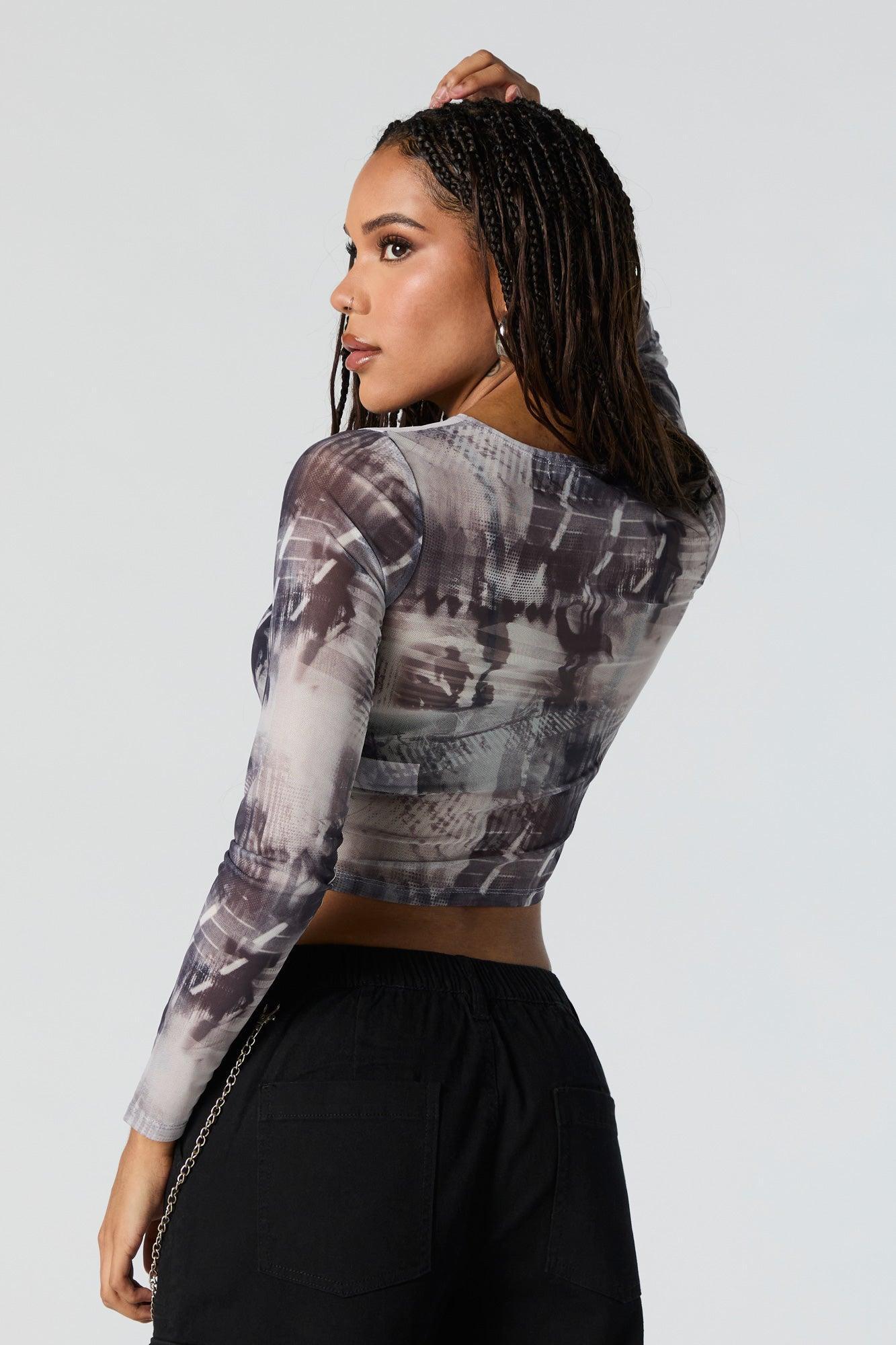 Abstract Print Mesh Long Sleeve Crop Top Female Product Image