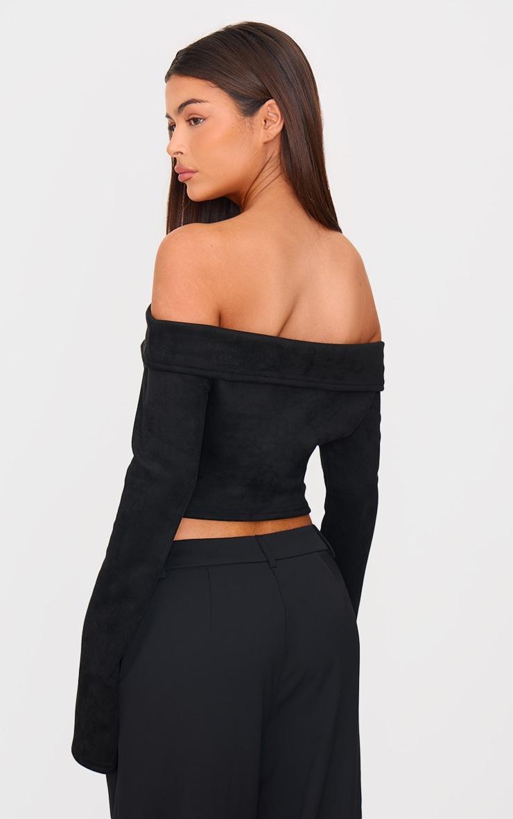 Black Faux Suede Fold Over Bardot Long Sleeve Top Product Image