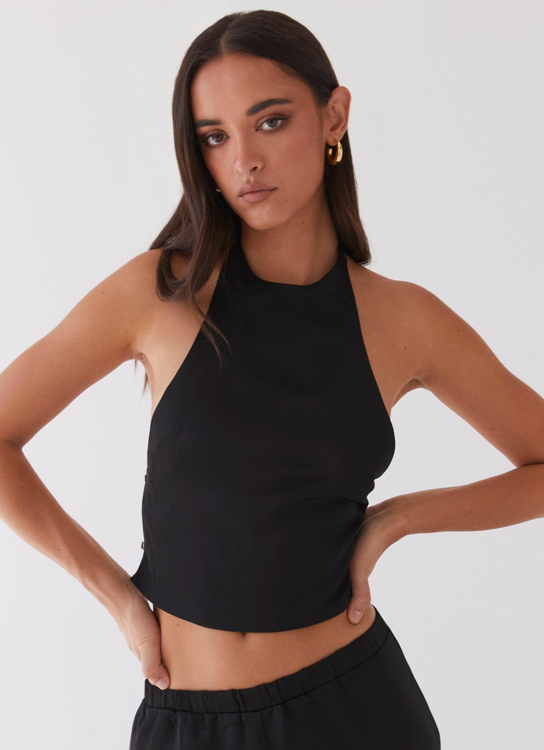 Bree Satin Halterneck Top - Black Product Image