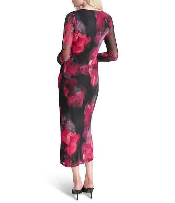 DKNY by Donna Karan Printed Knit Asymmetrical Neck Long Sleeves Cinched Sheath Midi Dress Product Image