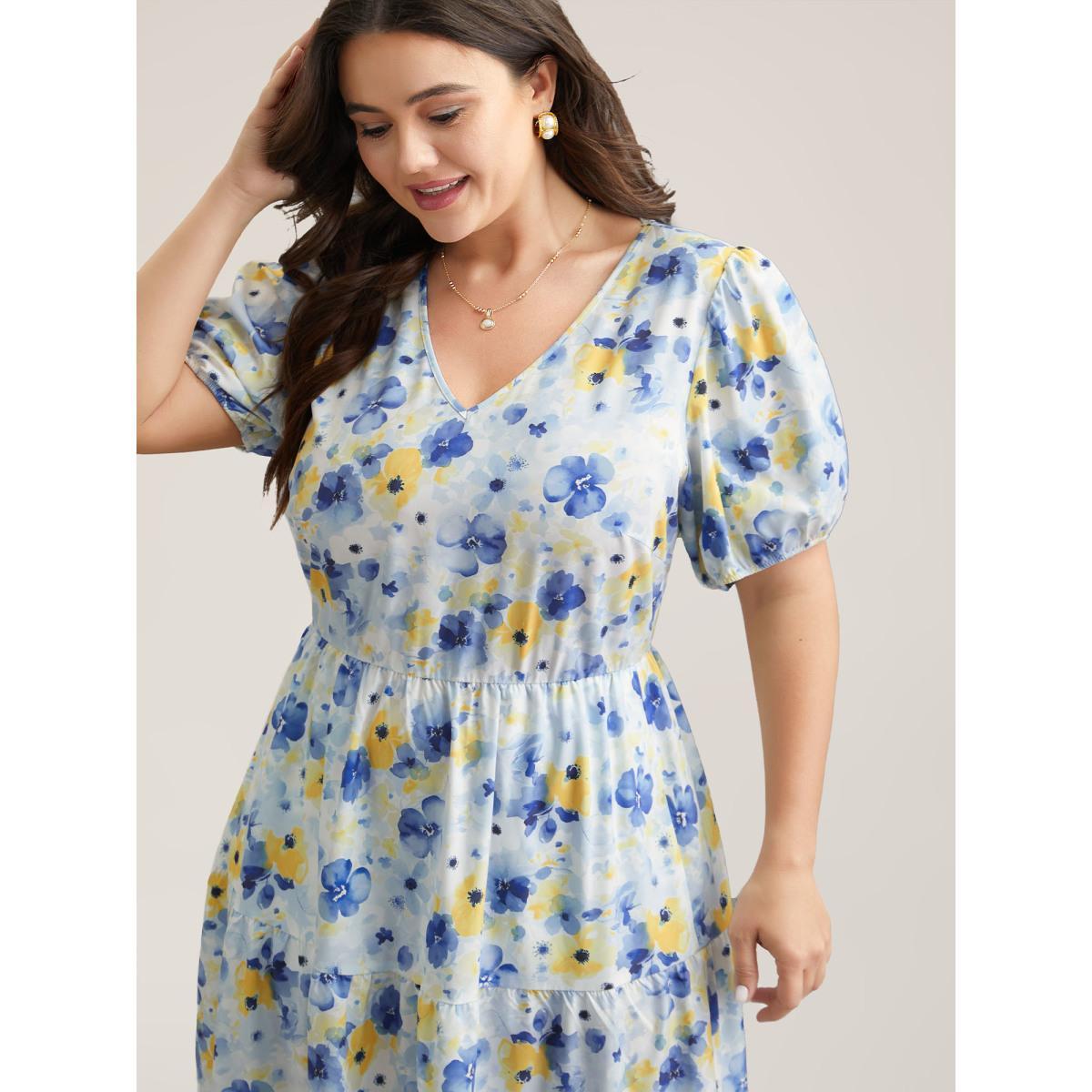 Plus Size Blooming Flowers Puff Sleeve Stretchy-Waist Dress LightBlue Women Elegant Non V-neck Short sleeve Curvy BloomChic 14-16/1X Product Image