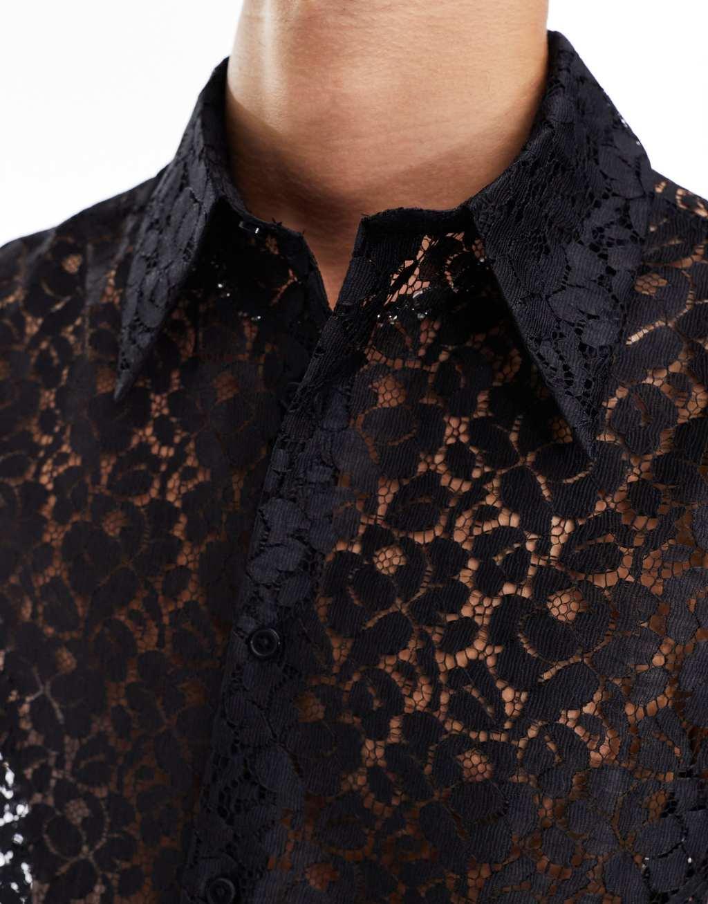 ASOS DESIGN sleeveless 70s collar lace shirt in black  Product Image