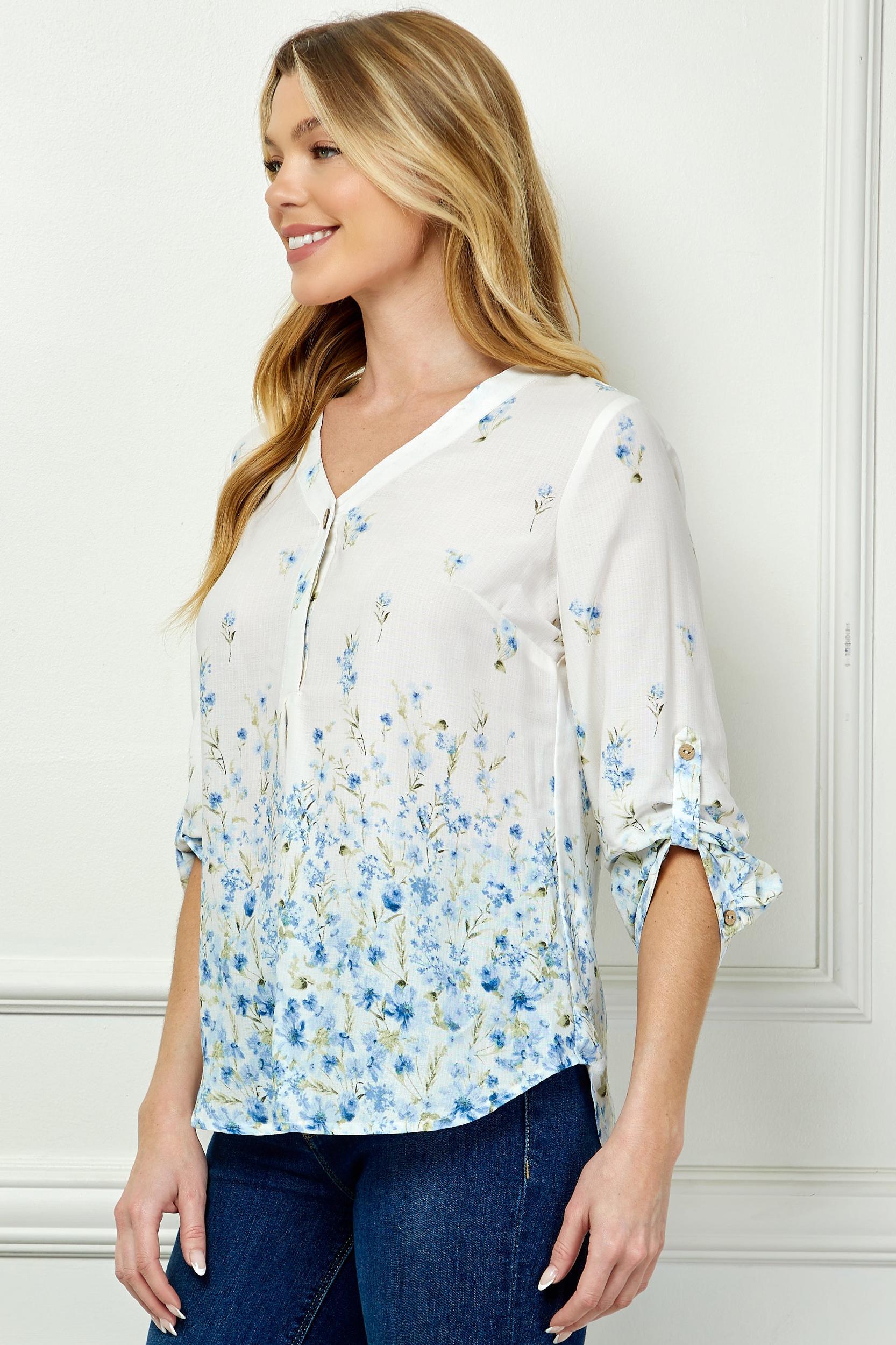 Blue Floral 3/4 Button Tab Sleeve Big Button V-Neck Border Print Blouse Product Image