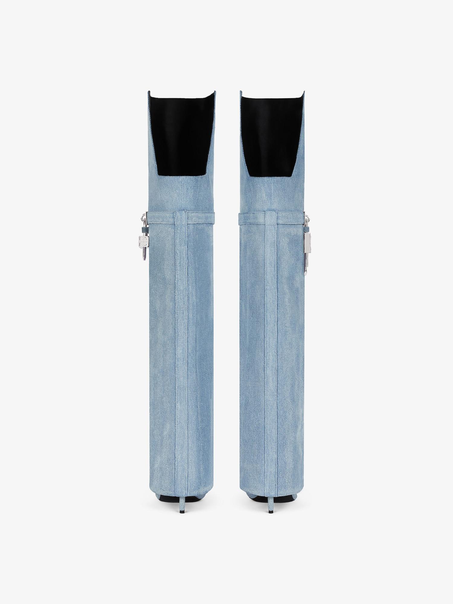 Shark Lock Stiletto over-the-knee boots in washed denim Product Image