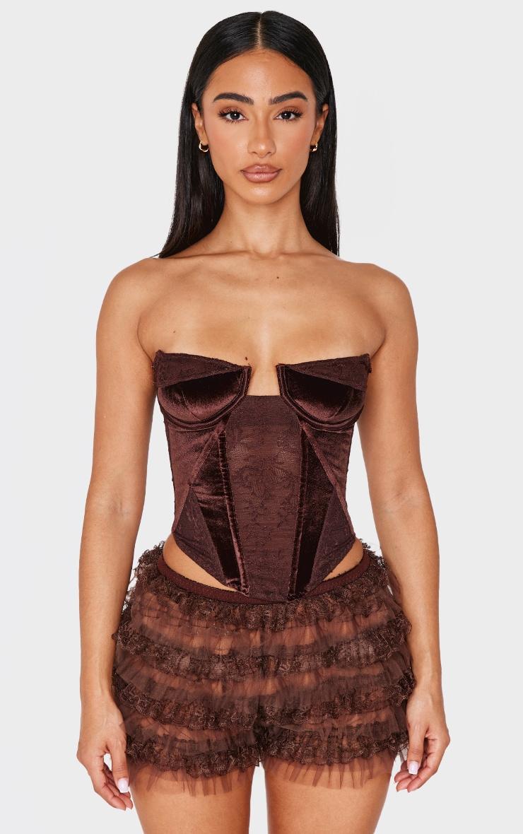 Petite Chocolate Bandeau Velvet Corset With Lace Details Product Image