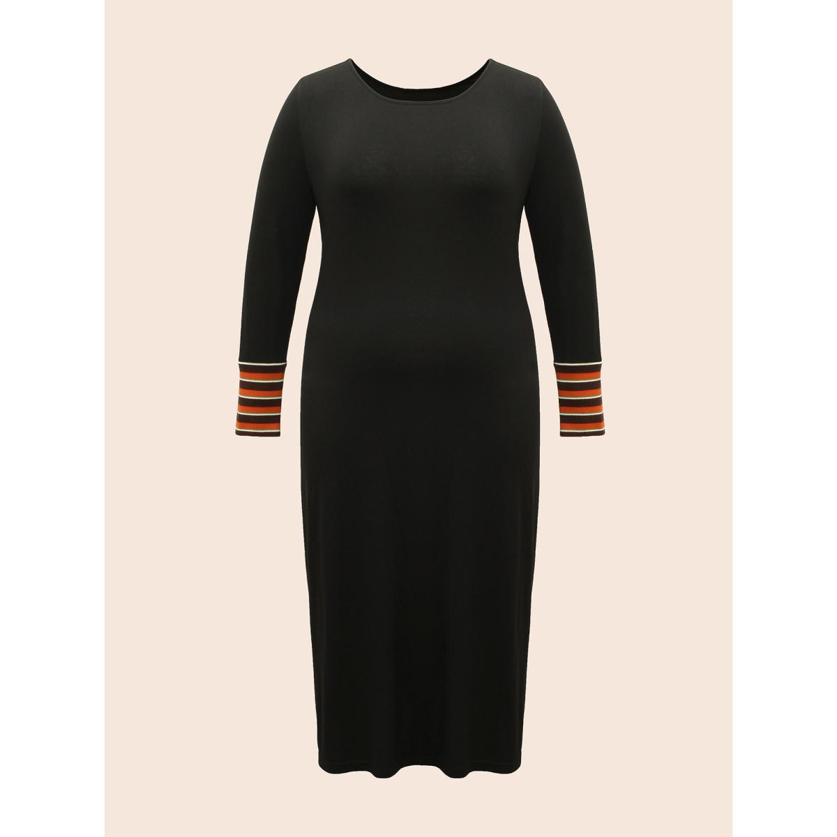 Plus Size Crew Neck Striped Patchwork Dress Black Women Casual Texture Round Neck Long Sleeve Curvy BloomChic 30/6X Product Image