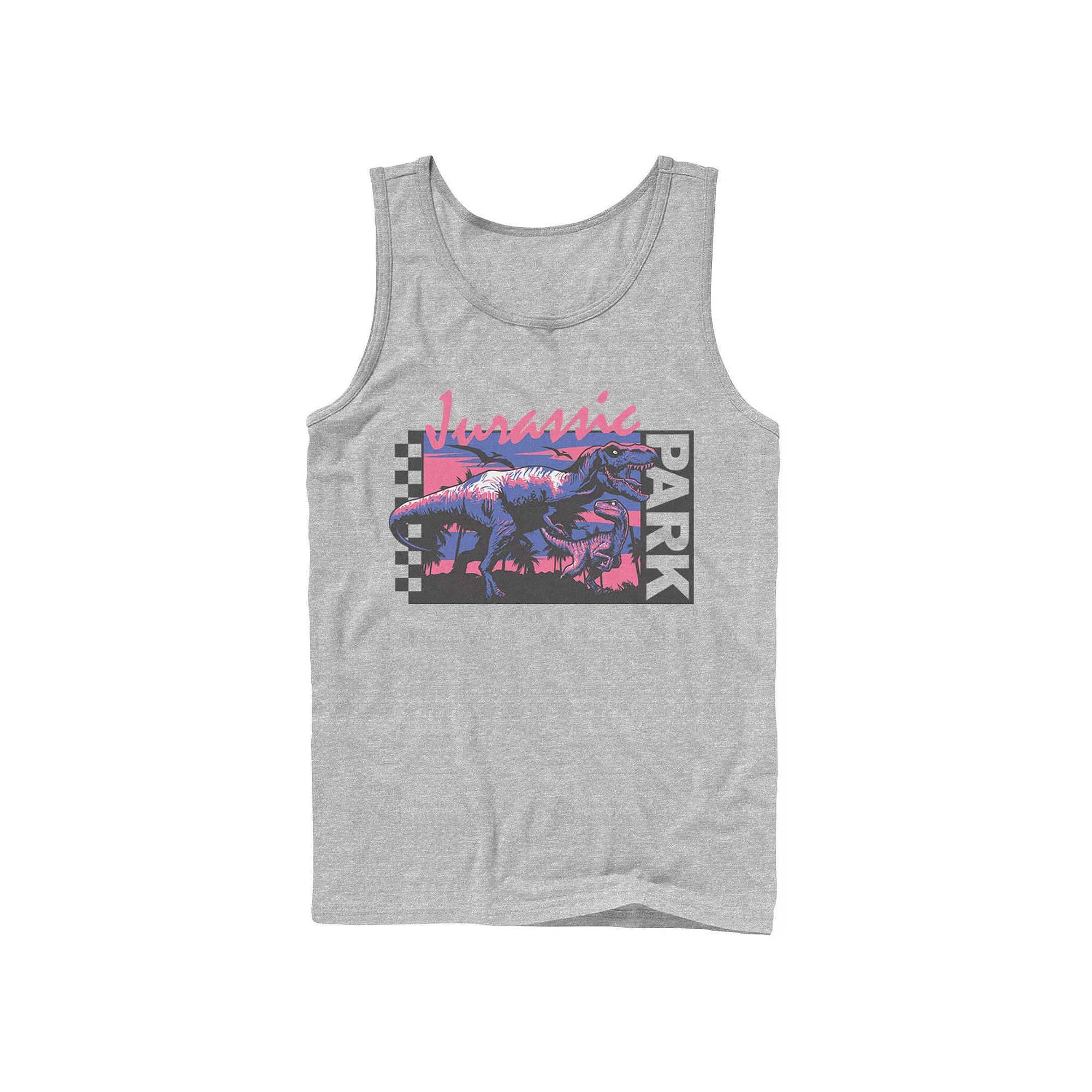 Men's Jurassic Park Checkerboard T-Rex Panel Tank Top, Size: Large, Athletic Grey Product Image