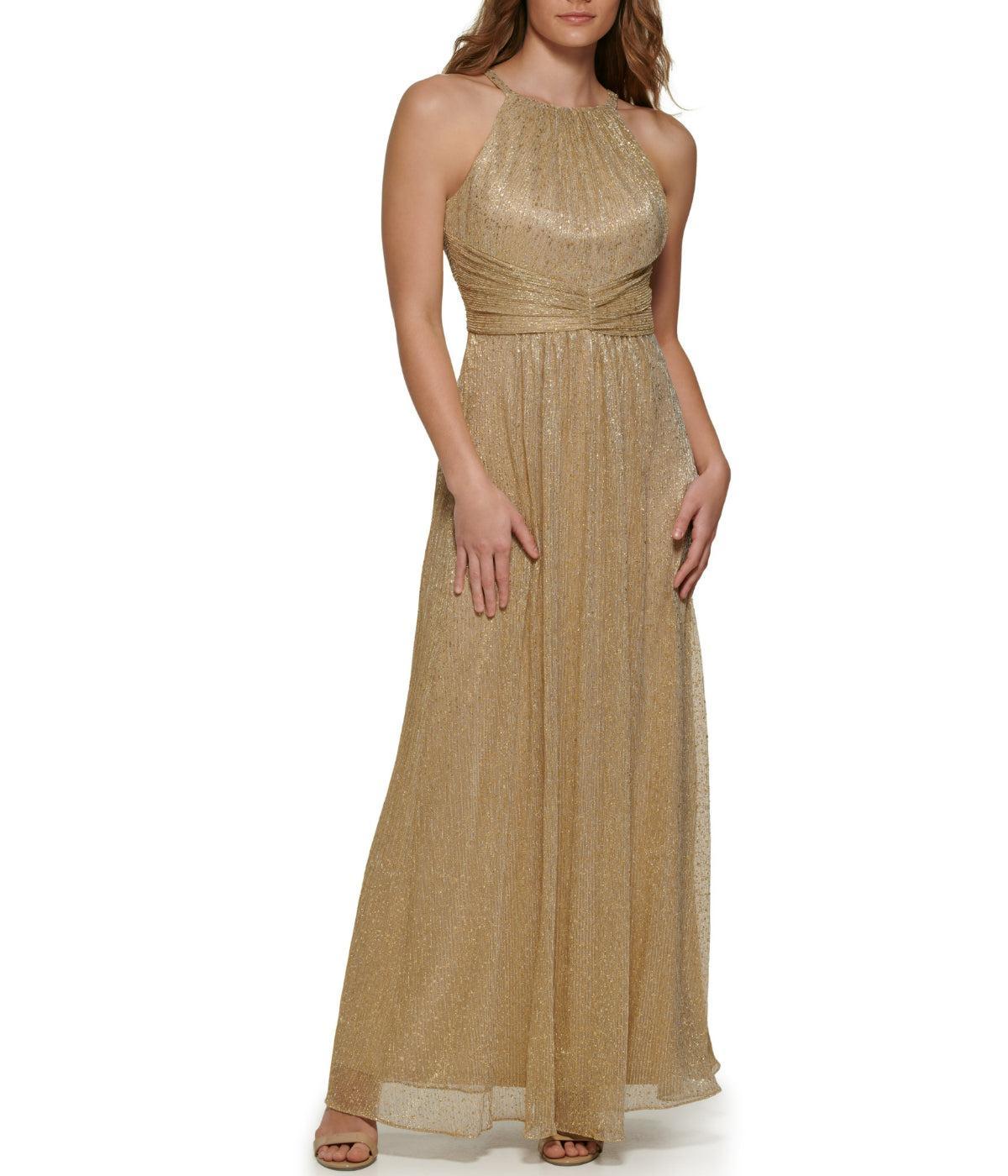 Shirred Halter Gown With Waistband Gold Product Image