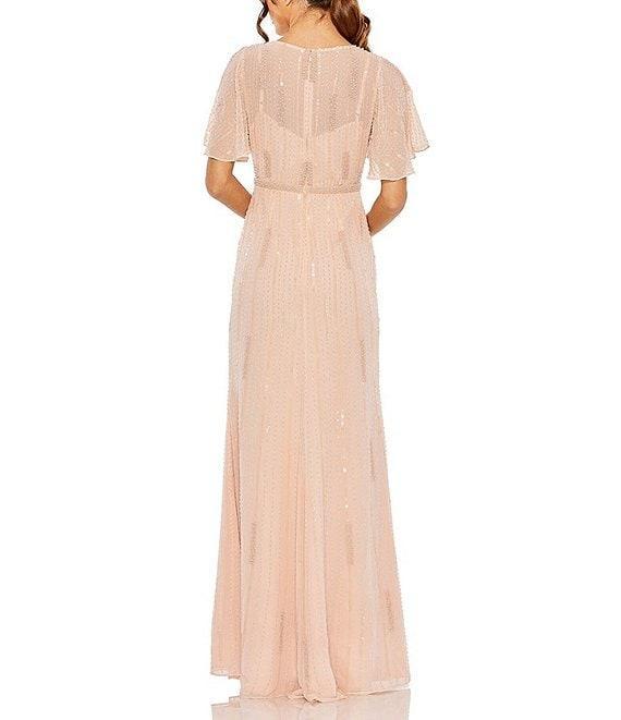 Mac Duggal High Neck Flutter Sleeve Embellished Mesh Sheath Gown Product Image