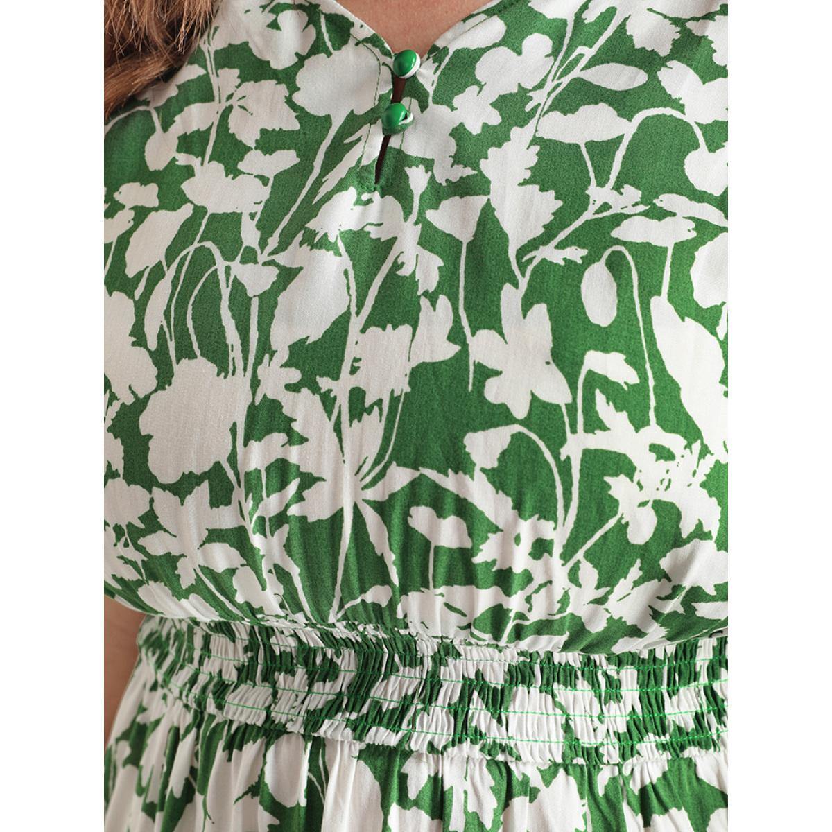 Plus Size Ditsy Floral Shirred Button Ruffles Knee Dress LightGreen Women Elegant Printed V-neck Short sleeve Curvy Knee Dress BloomChic 10/M Product Image