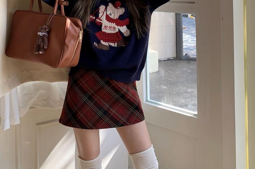 Crewneck Bear Jacquard Sweater / Plaid Mini Skirt Product Image