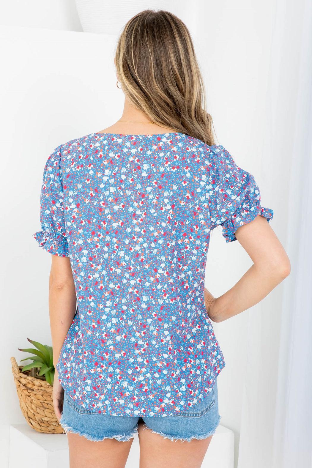 Blue FLORAL PRINT SQUARE NECKLINE BUTTON DOWN PUFFED SLEEVE TOP Product Image