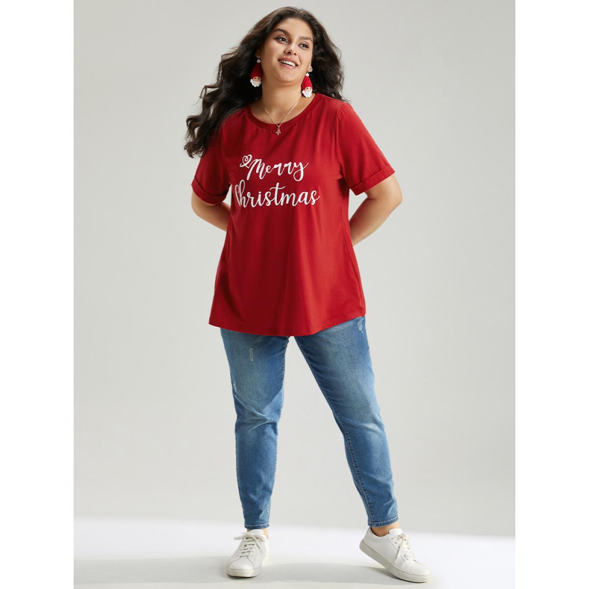 Plus Size Christmas Print Round Neck T-shirt Red Women Casual Printed Christmas Festival-Christmas T-shirts BloomChic 12/L Product Image