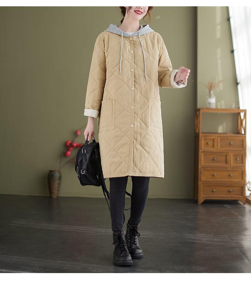 Plain Hooded Quilted Midi Single-Breasted Jacket Product Image