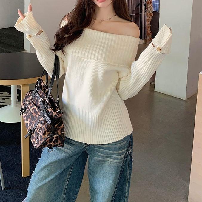 Off Shoulder Plain Ribbed Sweater Product Image