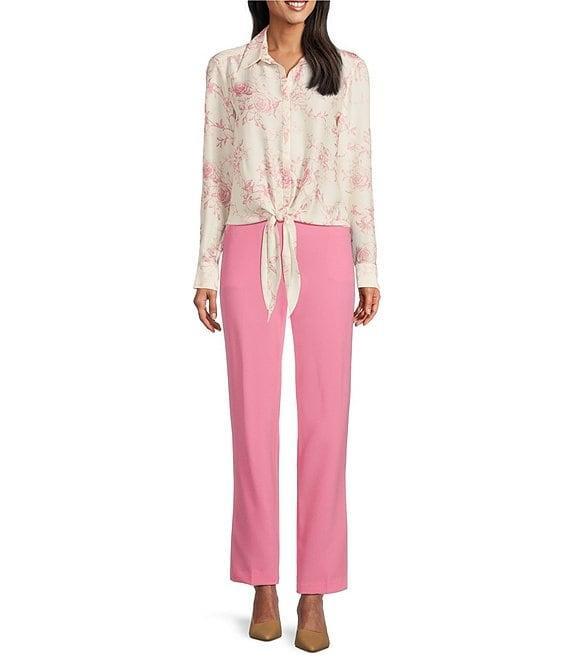 Preston & York Kinsley Satin Rose Print Long Sleeve Button Tie Front Blouse Product Image