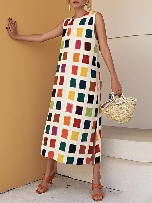 A-Line Loose Contrast Color Pockets Split-Side Round-Neck Midi Dresses Product Image